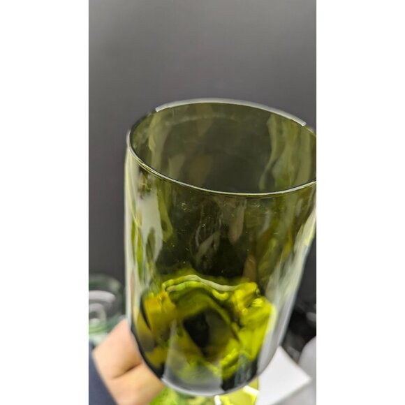 Olive Green Optic Empoli Style Pedestal Compote Vase Glassware - Picture 9 of 15